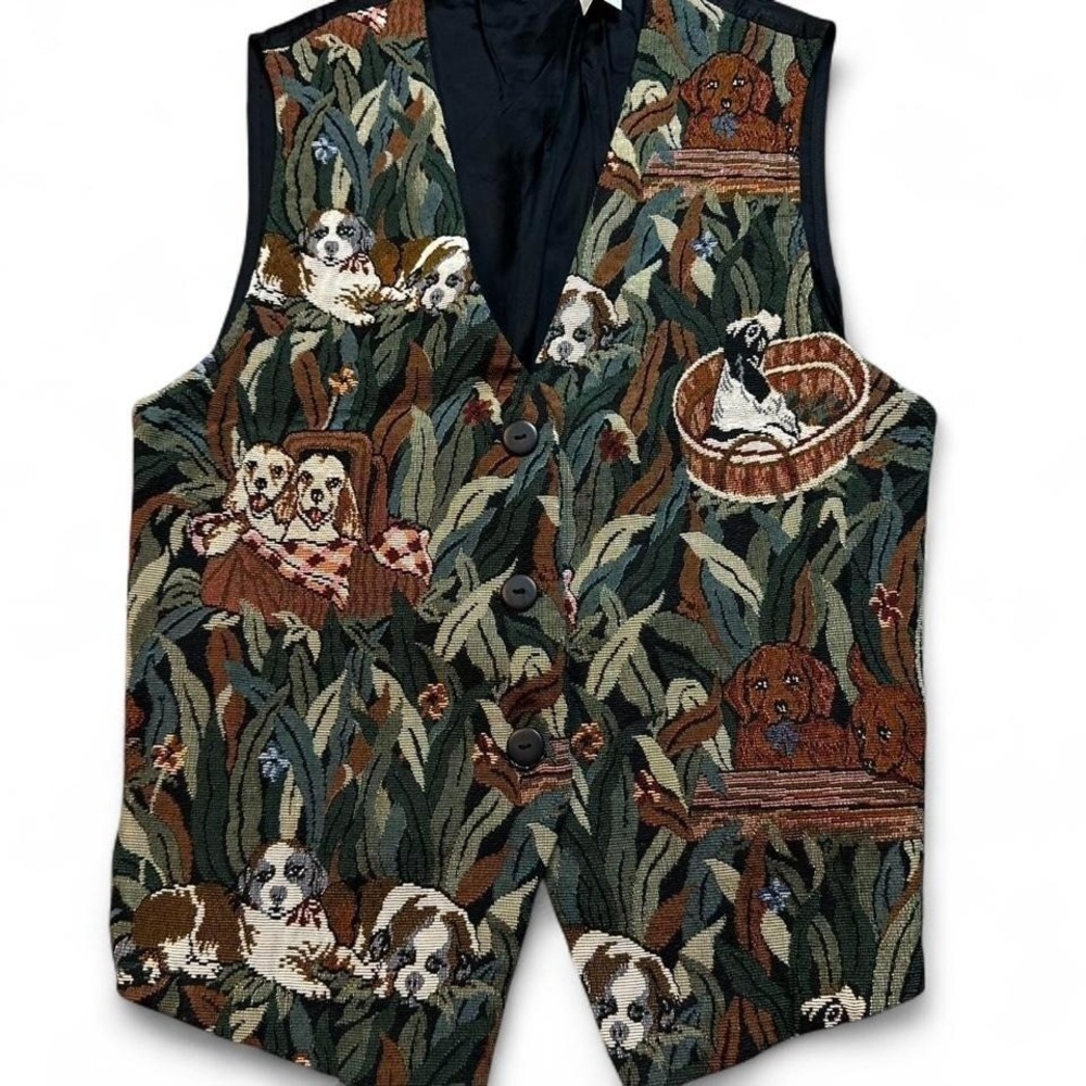 Vintage puppy dog cabin creek cottage core tapestry vest size petite large